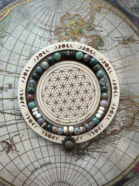 Indian Agate Sunflower Charm Stretch Bracelet