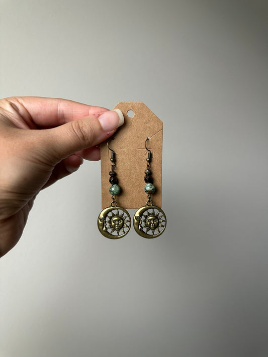 African Turquoise Sun Moon Charm Earrings