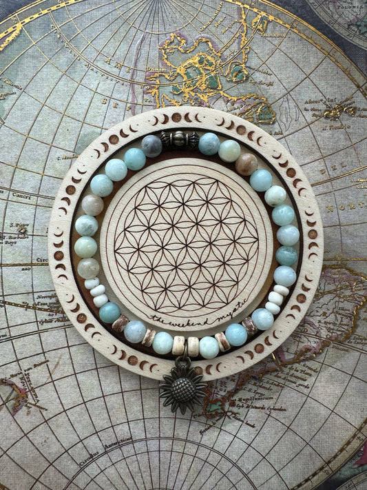 Amazonite Sunflower Charm Stretch Bracelet