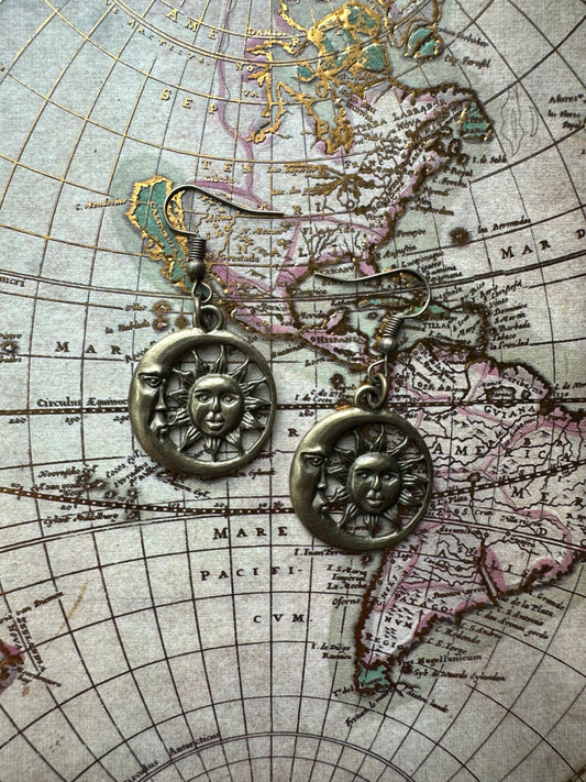 Bronze Sun & Moon Charm Earrings