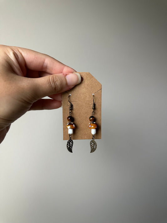 Tiger Eye Mushie Leaf Charm Earrings