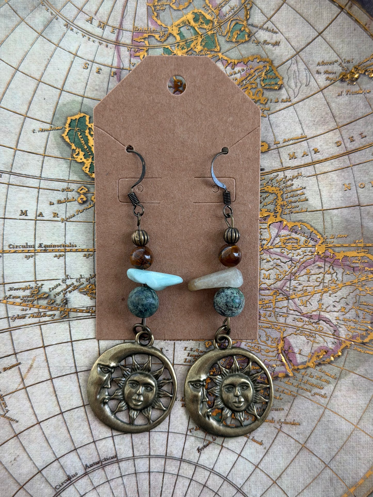 Earthy Sun Moon Crystal Dangle Earrings