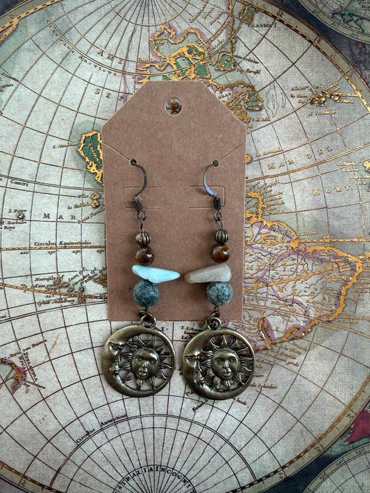 Earthy Sun Moon Crystal Dangle Earrings