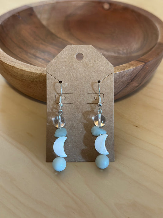 Clear Quartz Amazonite Shell Moon Earrings