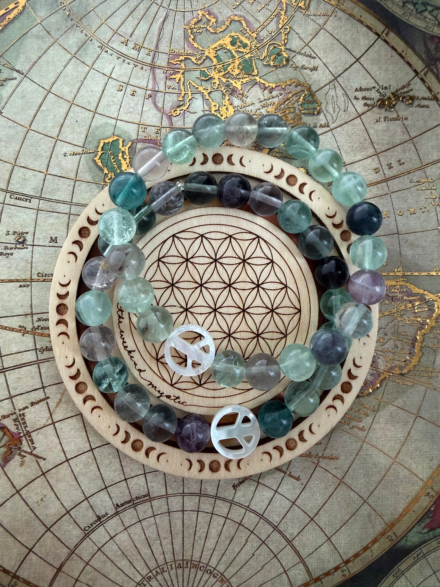 Peace Sign Fluorite Crystal Stretch Bracelet