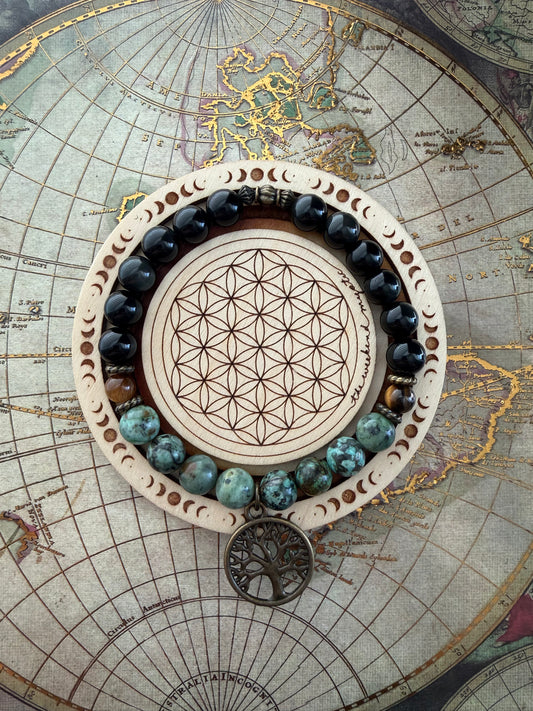 Gypsy Tree of Life Charm Stretch Bracelet- Original (in African Turquoise Jasper)