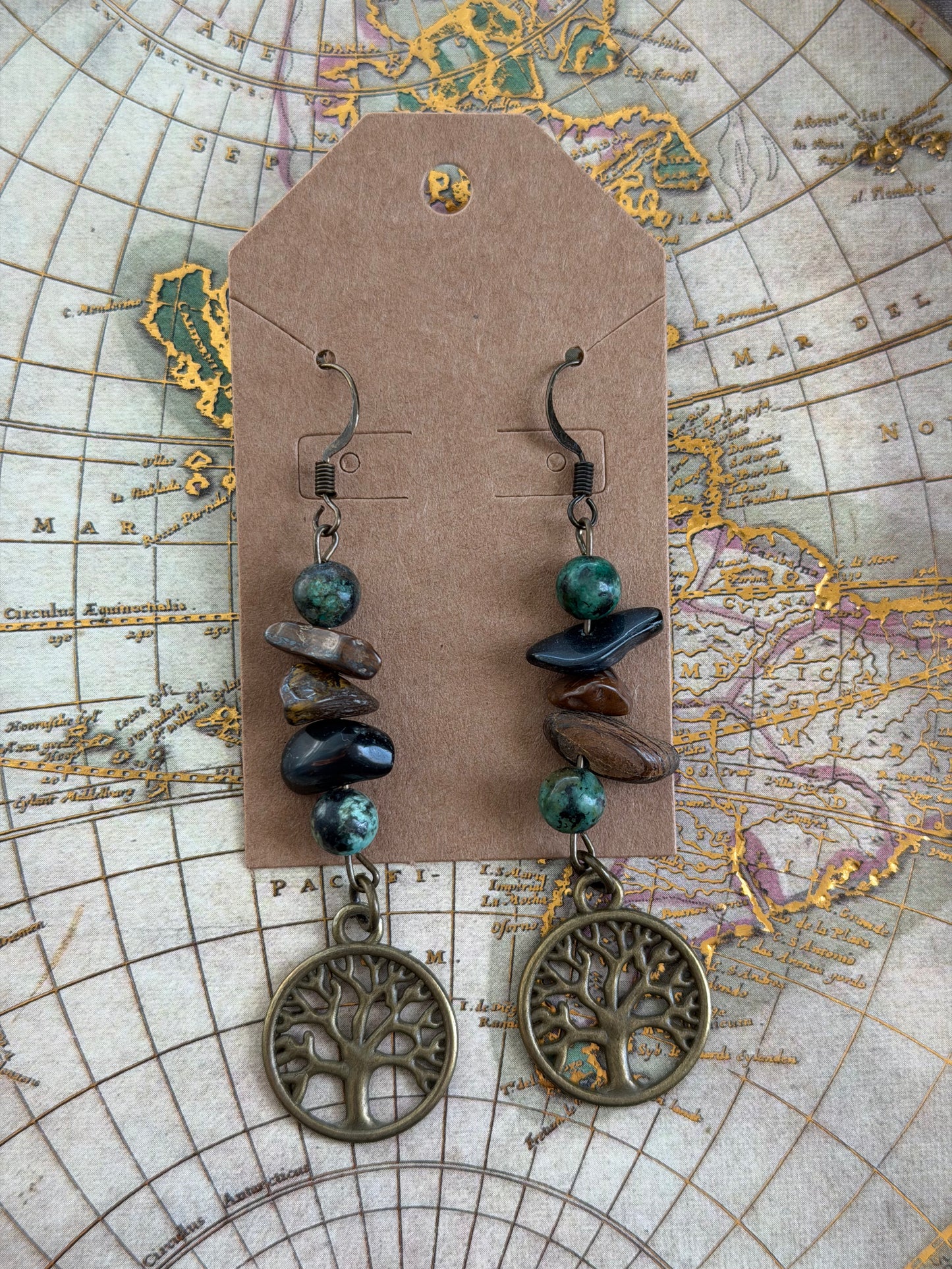 Earthy Tree of Life Crystal Chip Dangle Earrings
