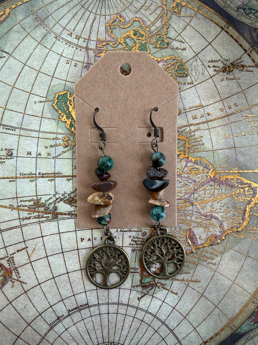Earthy Tree of Life Crystal Chip Dangle Earrings