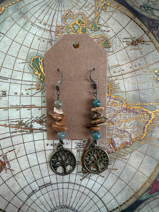 Earthy Tree of Life Crystal Chip Dangle Earrings