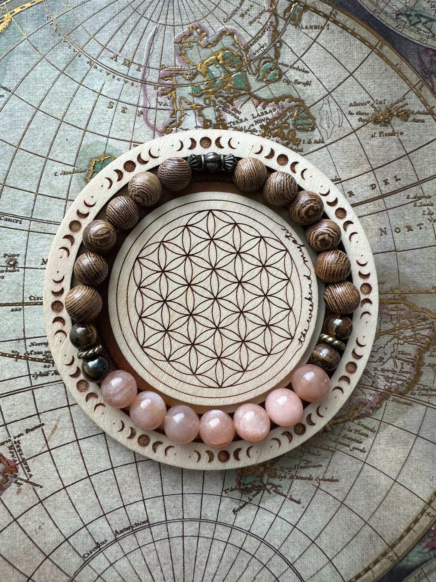 Peach Moonstone & Rose Wood Stretch Bracelet