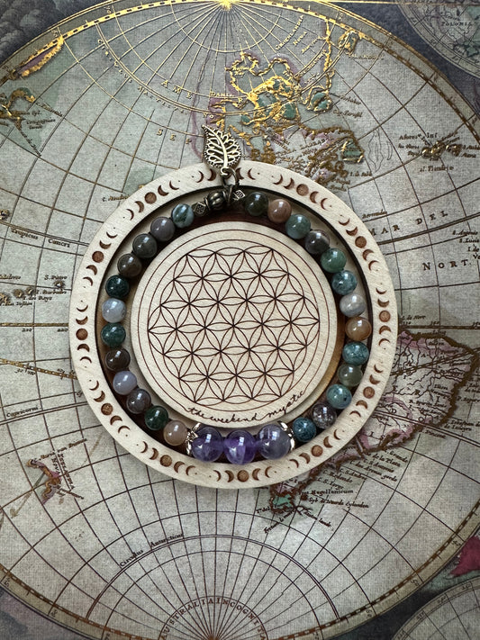 Indian Agate Amethyst Leaf Charm Stretch Bracelet