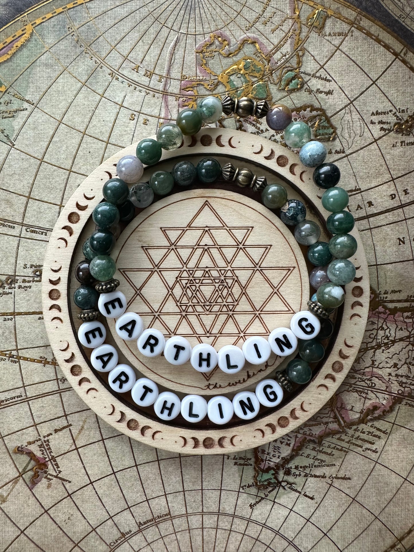 "Earthling" Letter Bead Indian Agate Stretch Bracelet