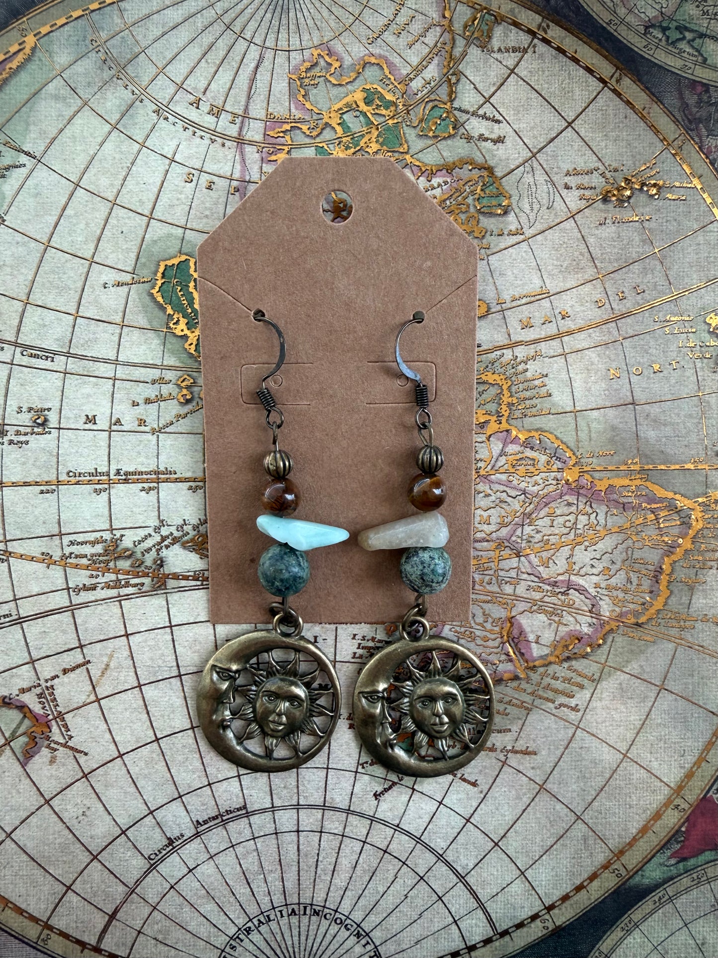 Earthy Sun Moon Crystal Dangle Earrings