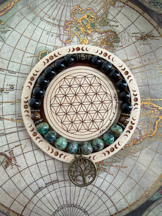 Gypsy Tree of Life Charm Stretch Bracelet- Original (in African Turquoise Jasper)