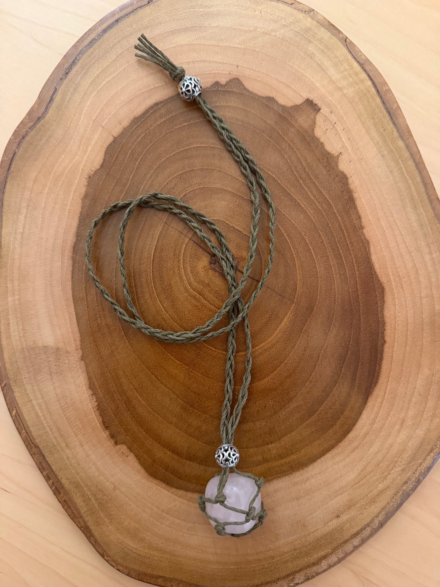 Interchangeable Hemp Crystal Necklace with Rose Quartz Tumble
