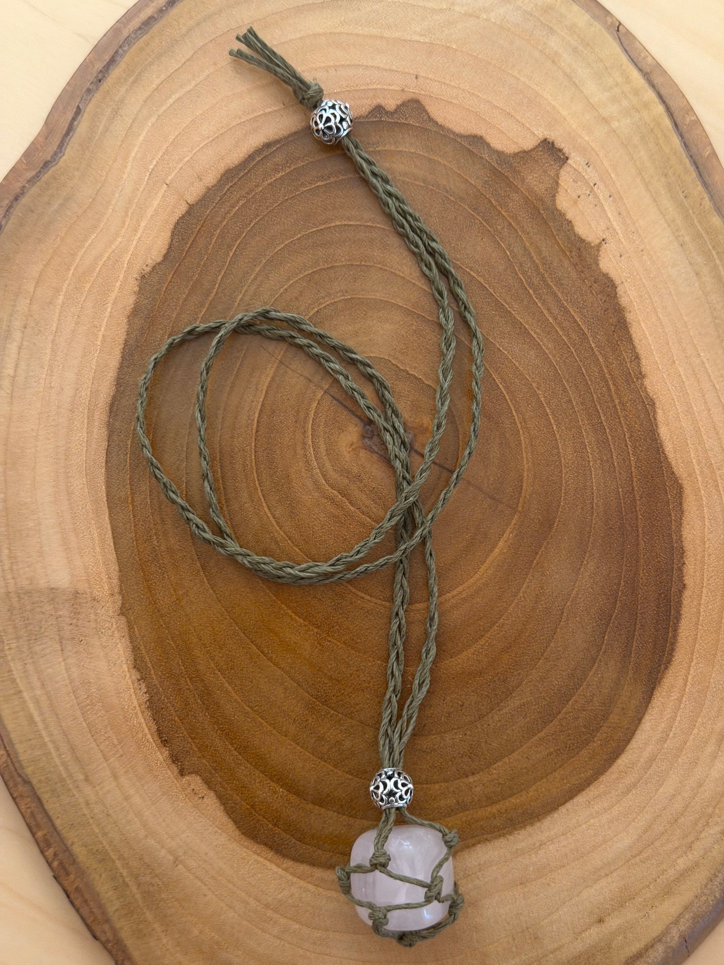 Interchangeable Hemp Crystal Necklace with Rose Quartz Tumble