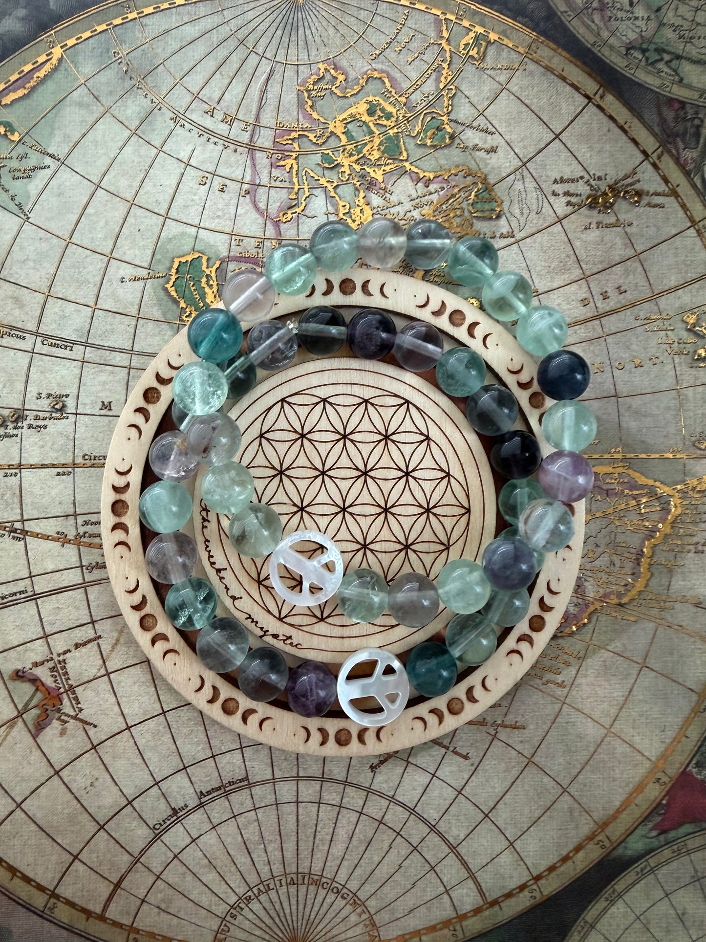 Peace Sign Fluorite Crystal Stretch Bracelet