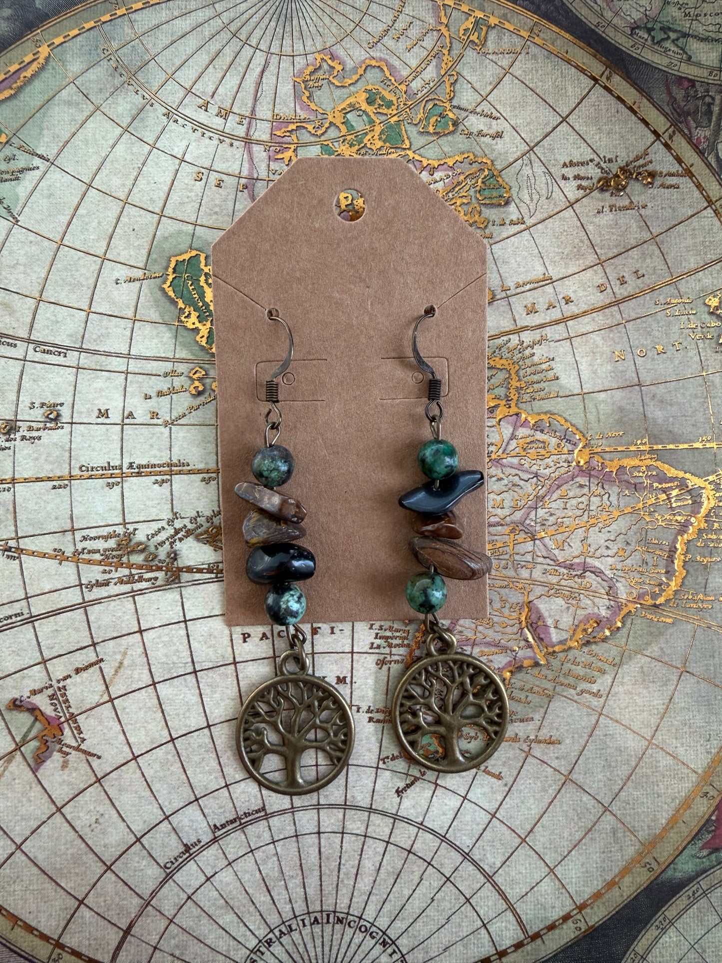 Earthy Tree of Life Crystal Chip Dangle Earrings