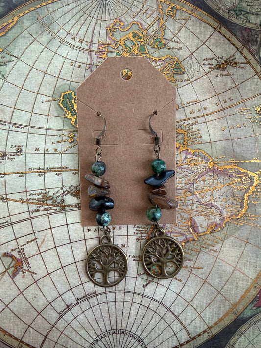 Earthy Tree of Life Crystal Chip Dangle Earrings