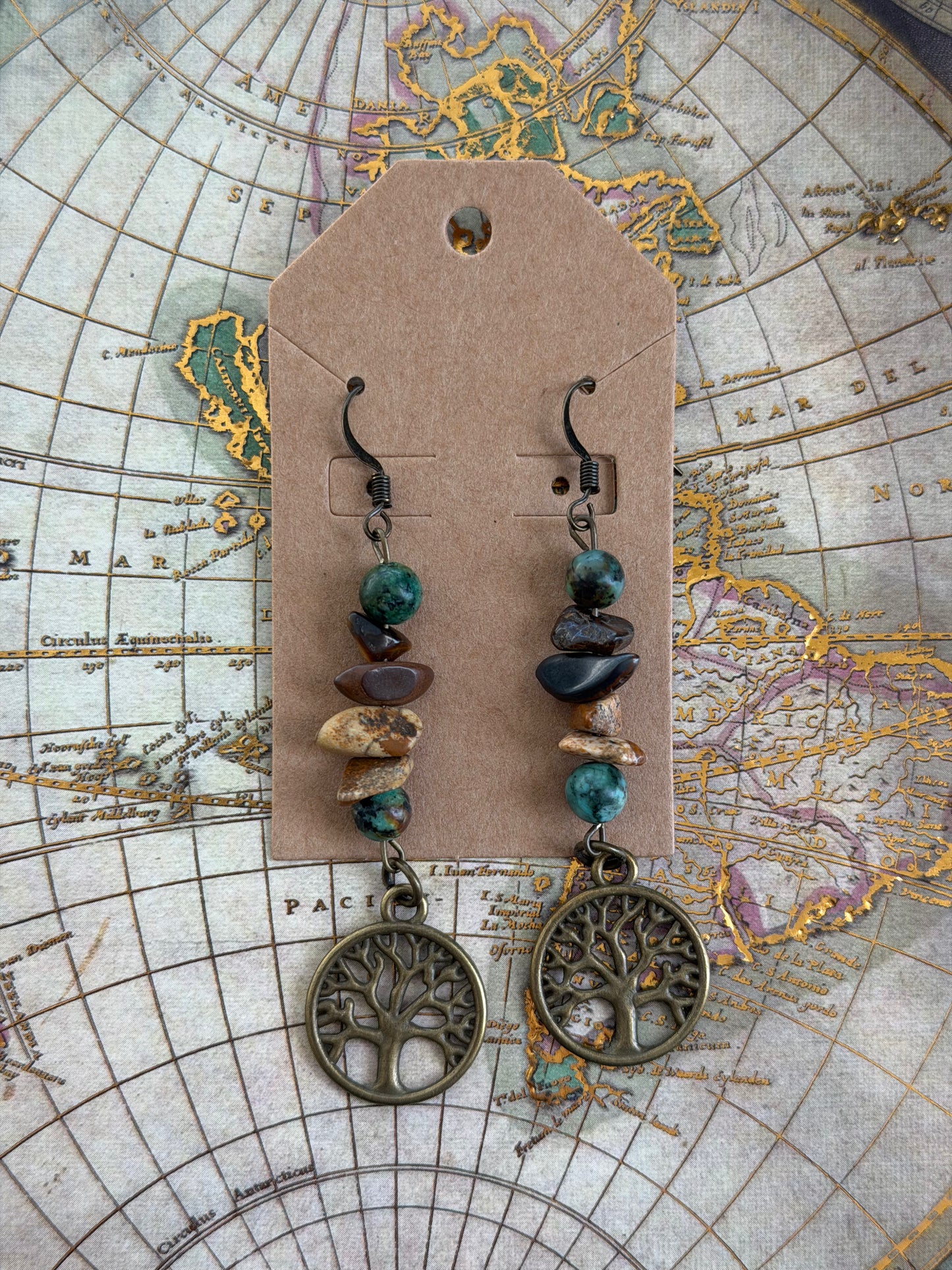 Earthy Tree of Life Crystal Chip Dangle Earrings