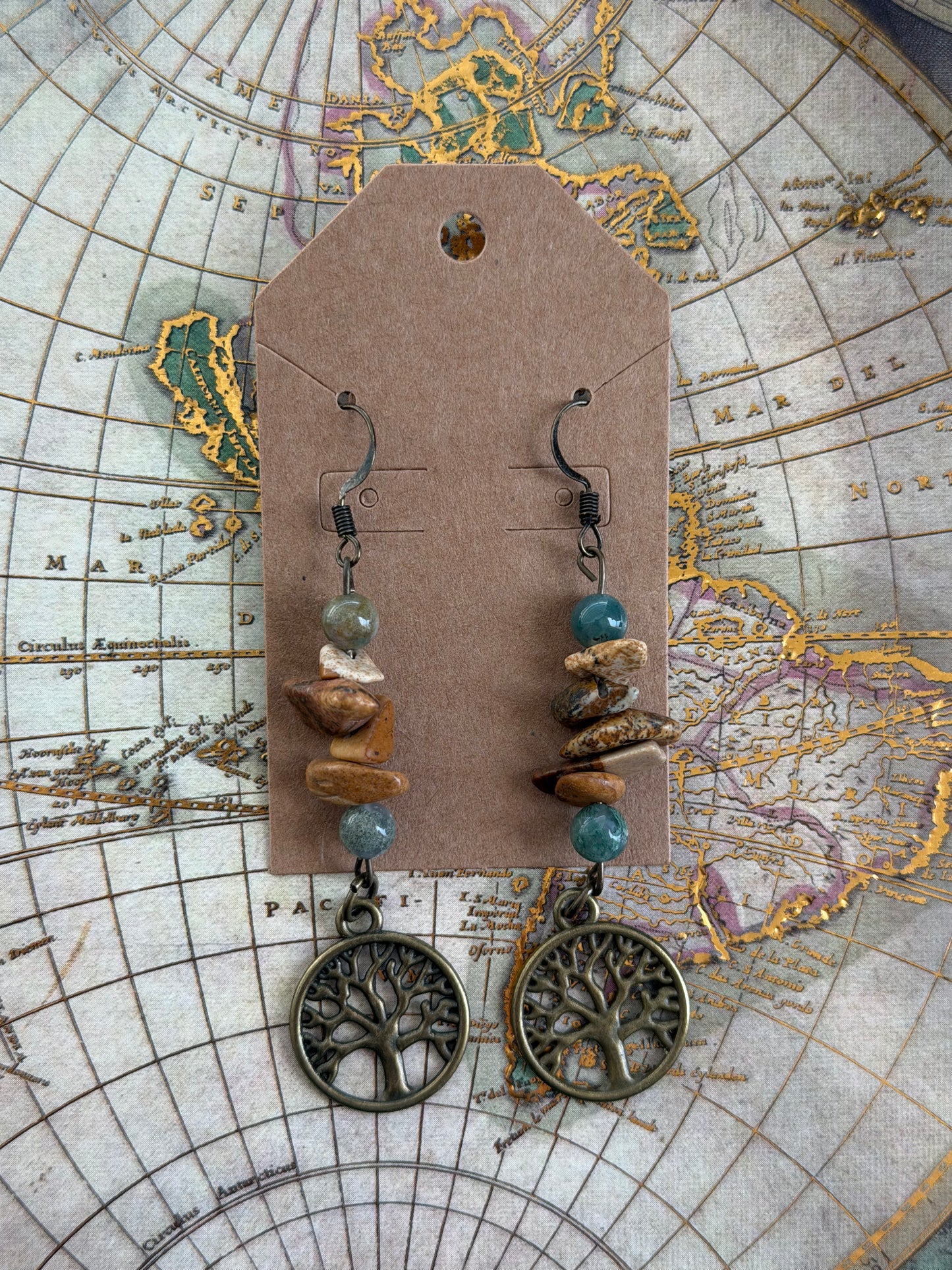 Earthy Tree of Life Crystal Chip Dangle Earrings