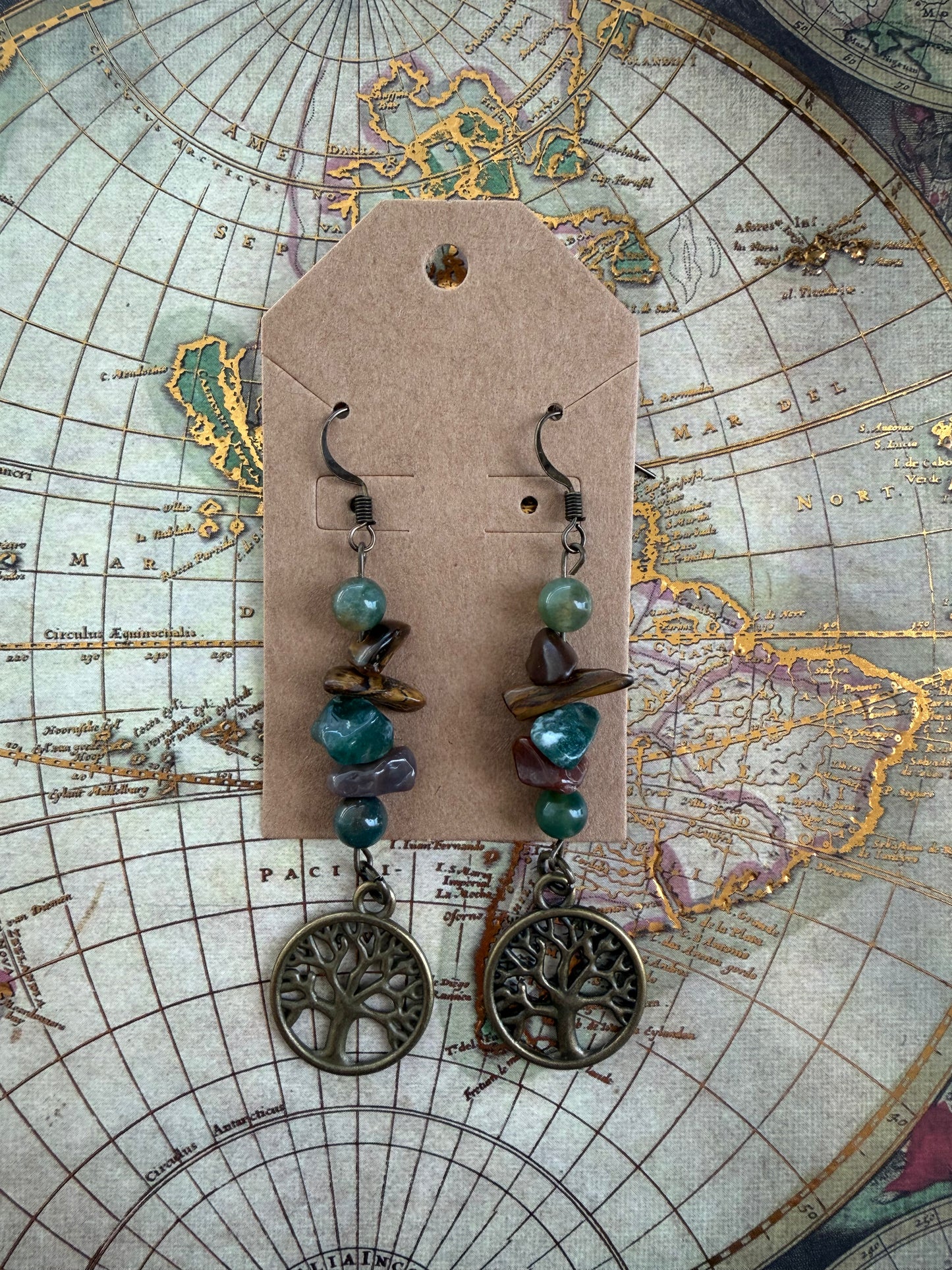 Earthy Tree of Life Crystal Chip Dangle Earrings