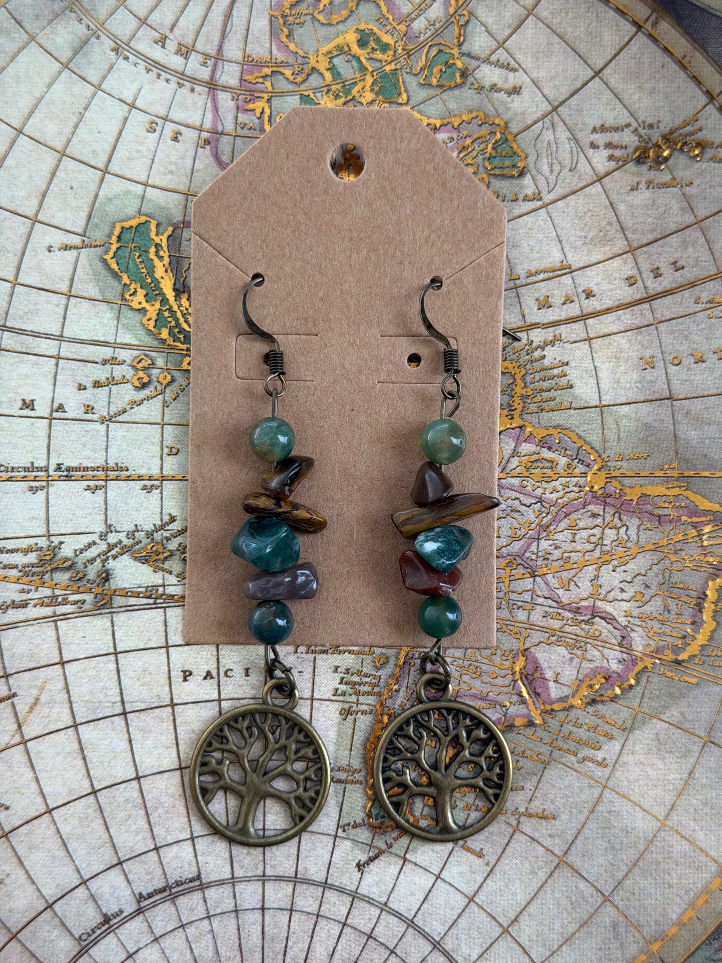 Earthy Tree of Life Crystal Chip Dangle Earrings