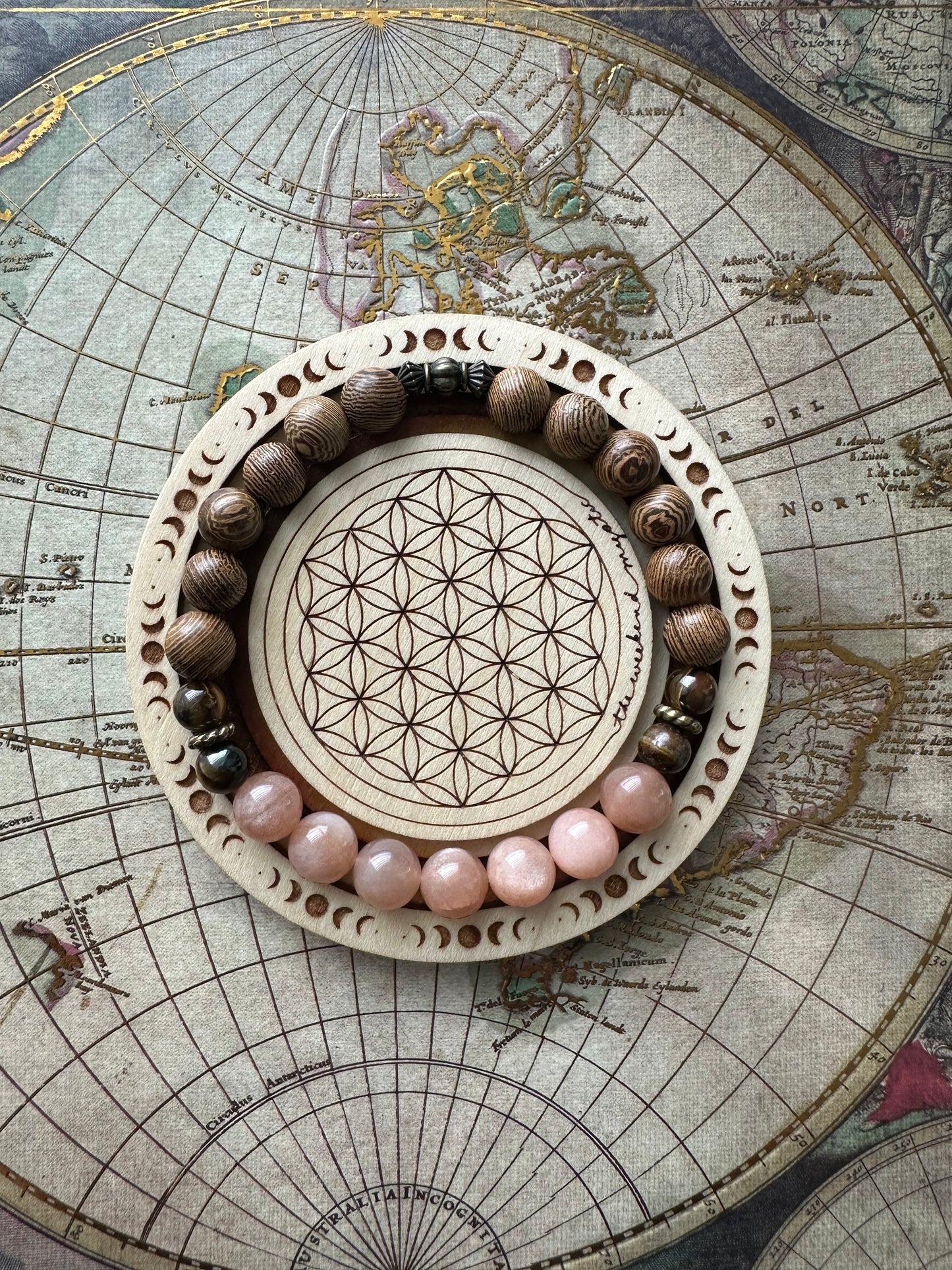 Peach Moonstone & Rose Wood Stretch Bracelet