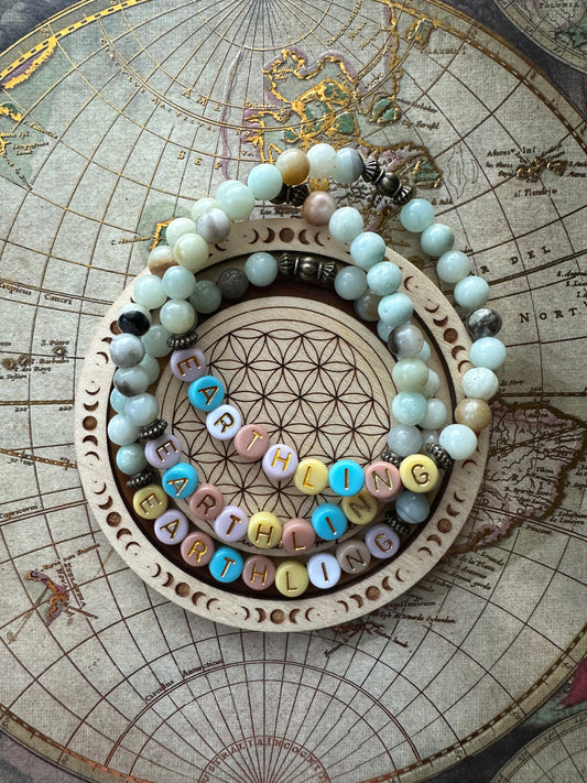 "Earthling" Letter Bead Amazonite Stretch Bracelet