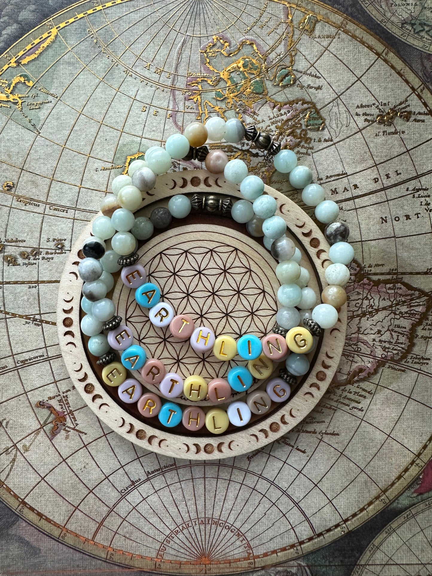 "Earthling" Letter Bead Amazonite Stretch Bracelet