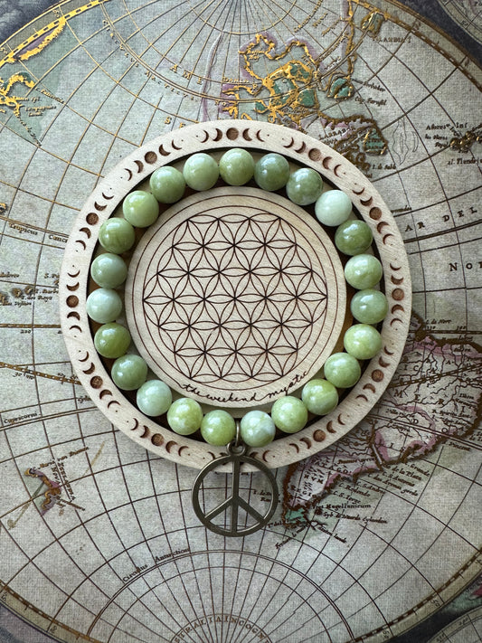 Green Jade Peace Sign Charm Stretch Bracelet