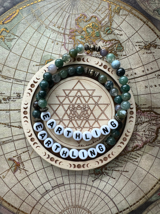 "Earthling" Letter Bead Indian Agate Stretch Bracelet