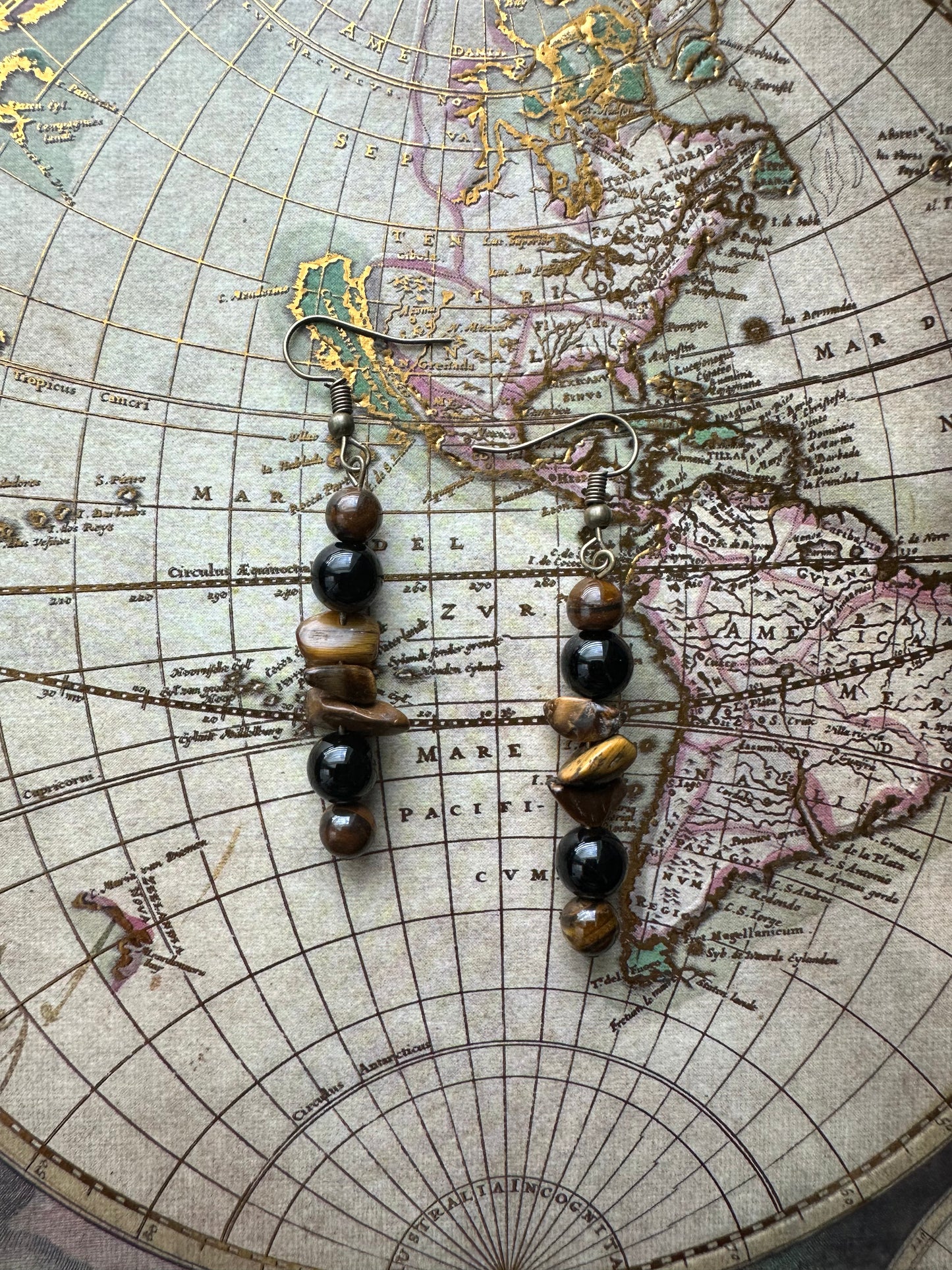 Tiger Eye Black Onyx Crystal Dangle Earrings