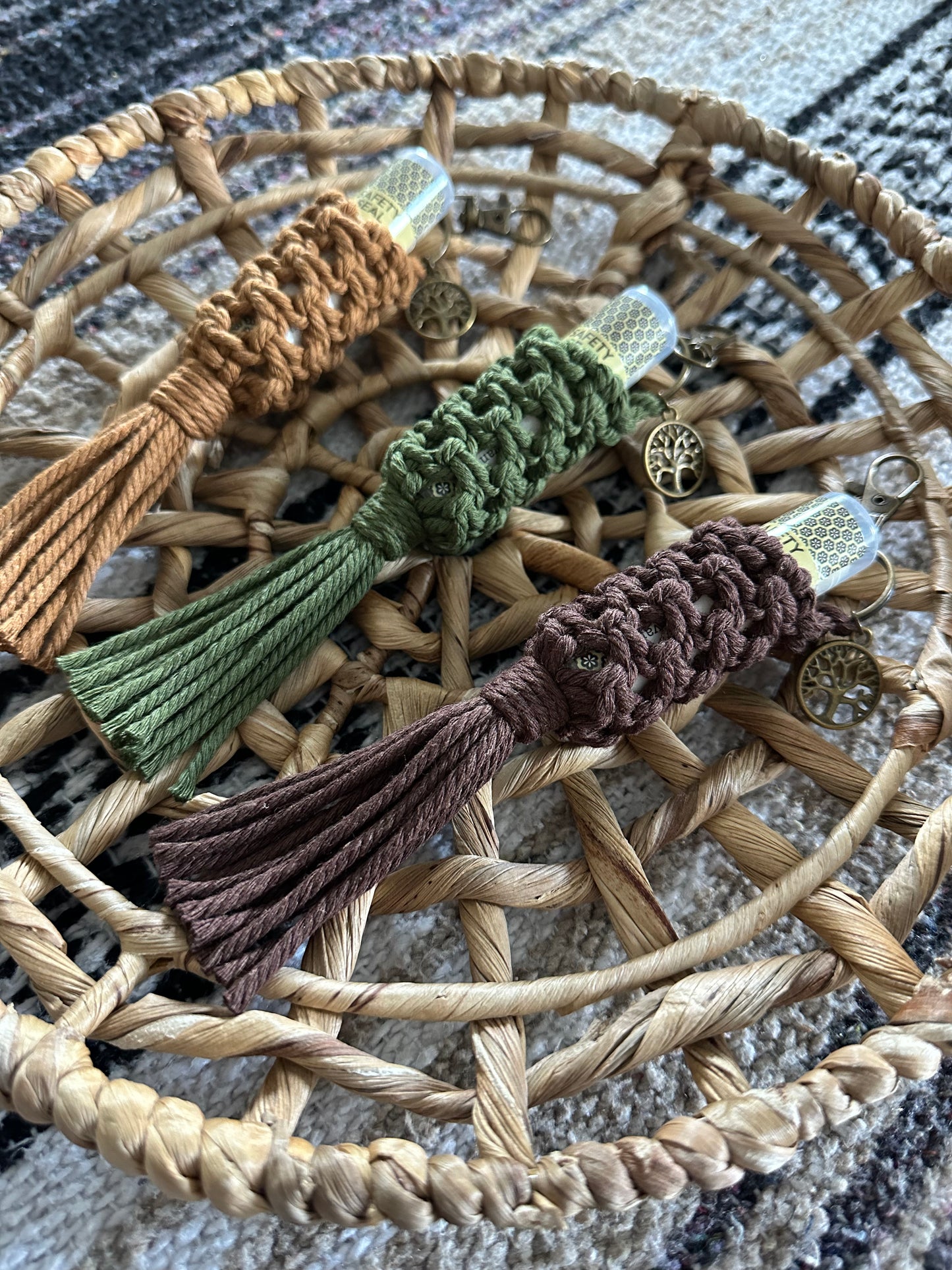 Earthy Macramé Tree of Life Charm Chapstick Holder Keychain